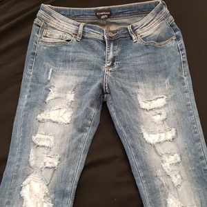 bebe Silver Sequin Distressed Jeans, Sz 27, Skinny